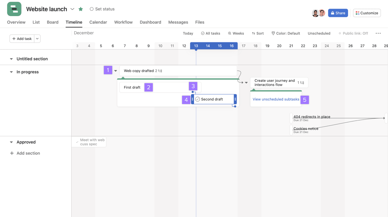 Timeline View in Asana Product Help Center • Asana Product Guide